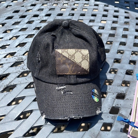 New Dark Denim Distressed DOUBLE LOGO Upcycled  Hat